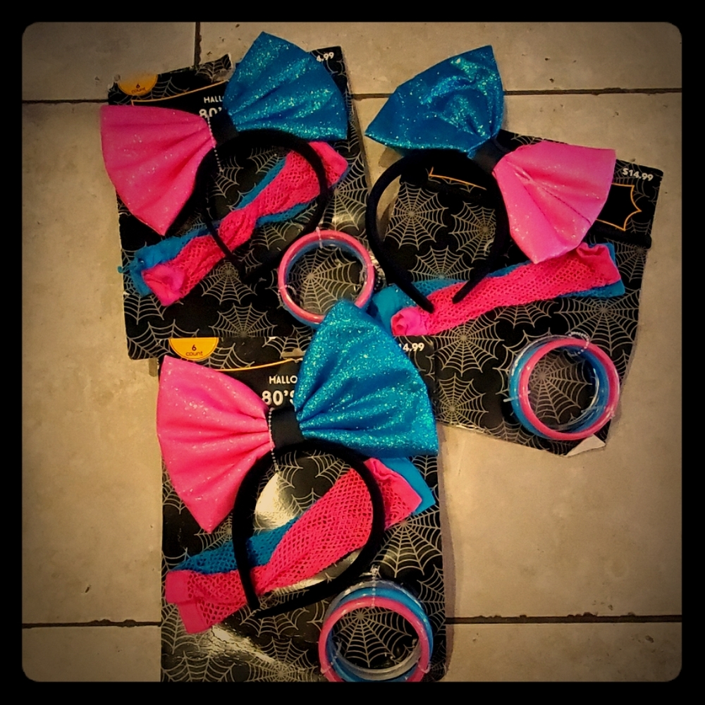 80's PARTY Accessories Costume kits Bow Bangles Gloves Halloween Womens Set of 3
